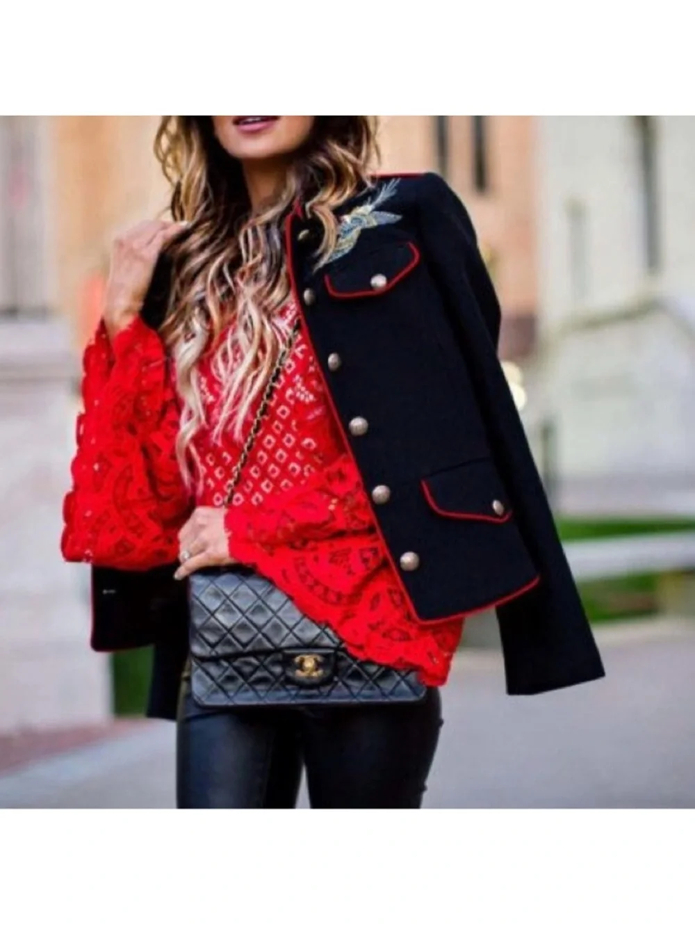 Black Embroidered Military-Style Jacket with Red Trim